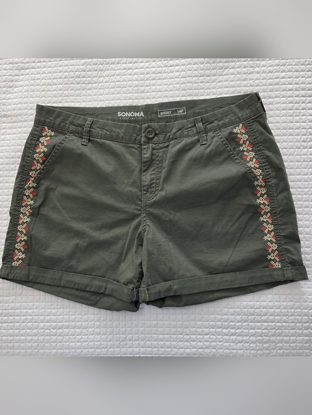 SONOMA Olive Embroidered Sides Women's Cotton Shorts